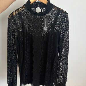 🖤 Cable & Gauge Black Lace Mock Neck Blouse - L/G